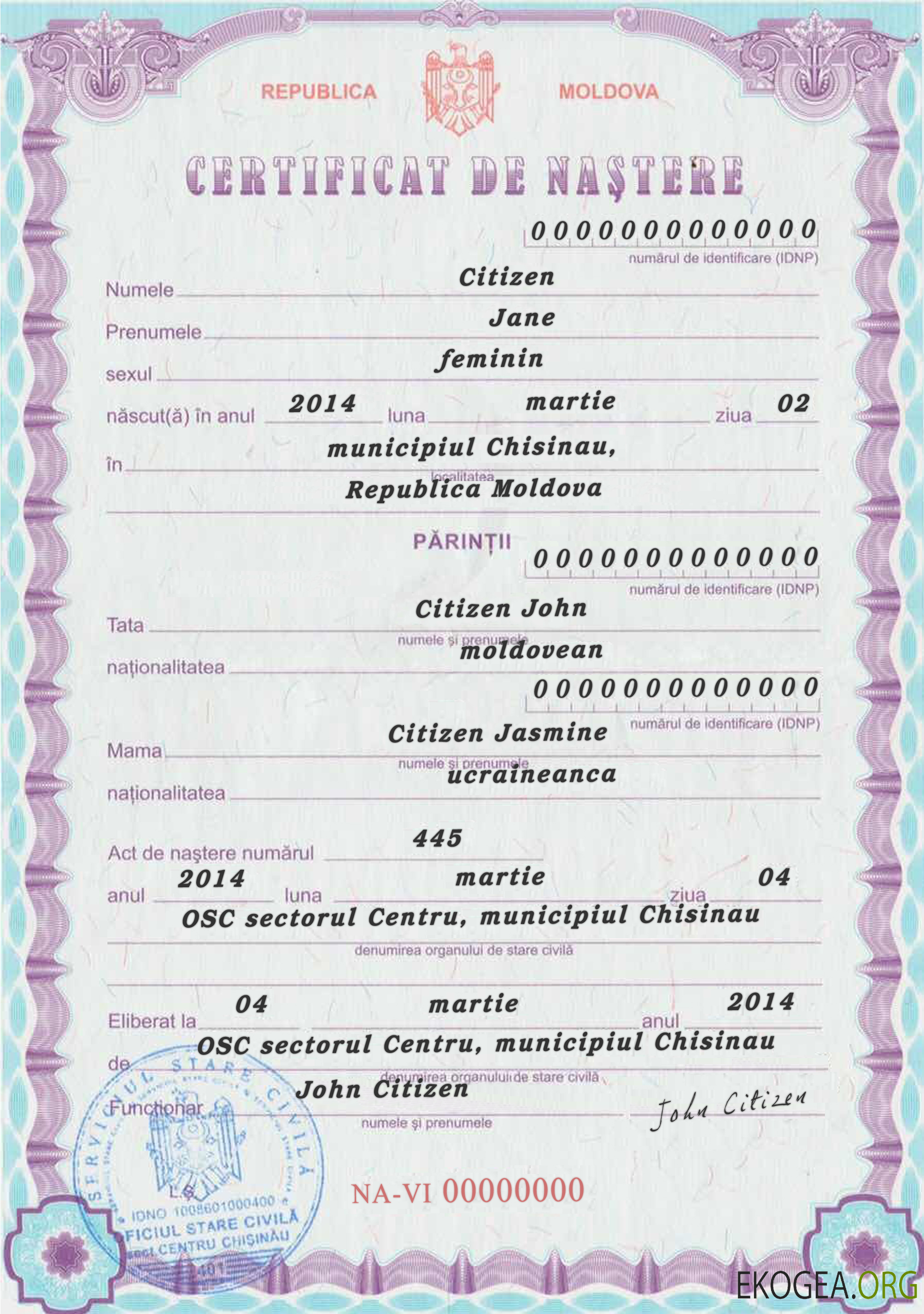 Acte de naissance MOLDAVIE